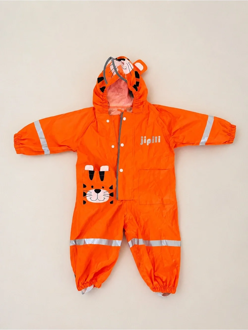 Kids Orange Tiger Rain Suit Hooded Waterproof Coverall Reflective Stripes